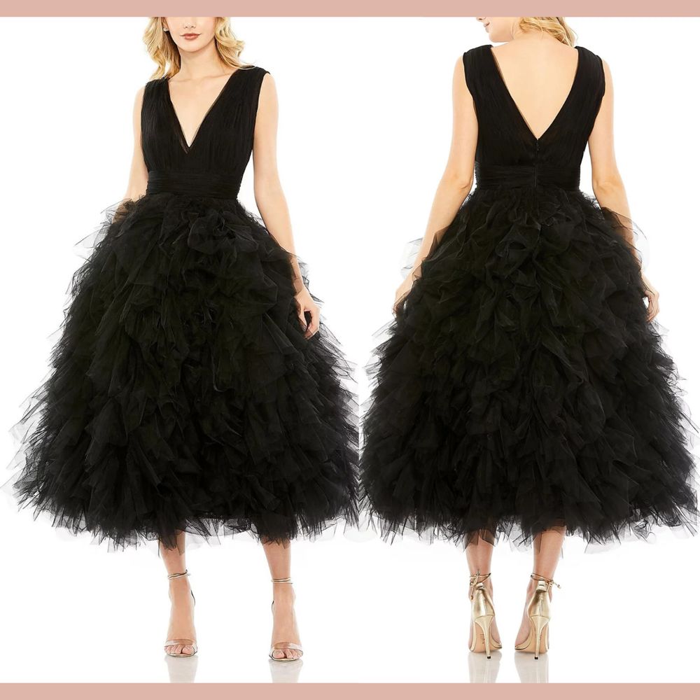 New Mac Duggal [ 4 ] 20411 Ruffled Cap Sleeve V-Neck A Line Tulle Dress Black